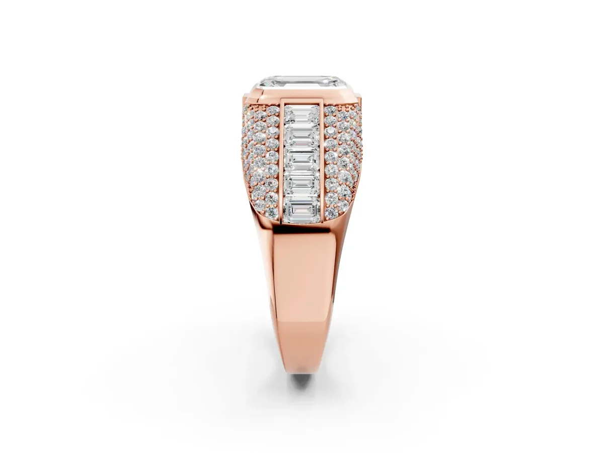 Emerald Cut Diamond Mens Ring with Side Stones Rose gold