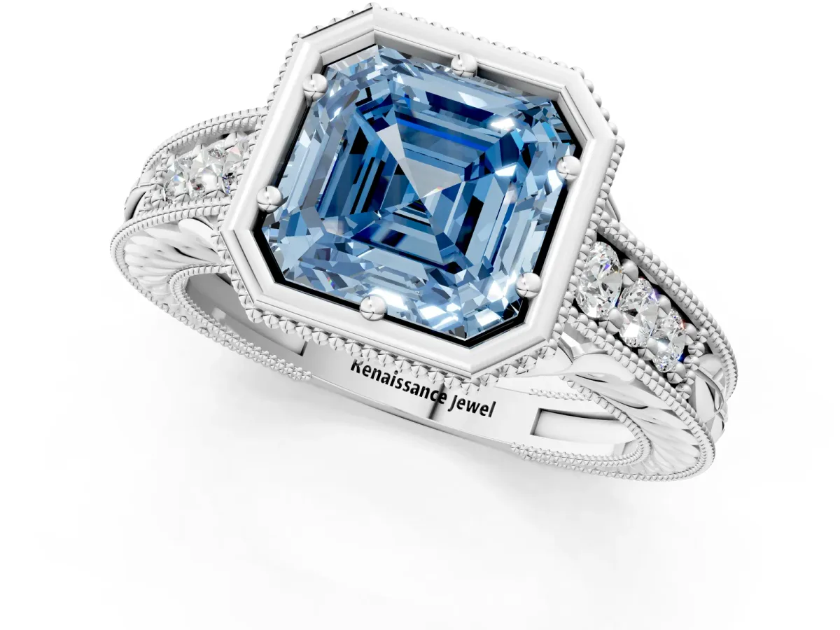 Fancy Blue Bezel Set Asscher Cut Diamond Milgrain Pave Engagement Ring Platinum