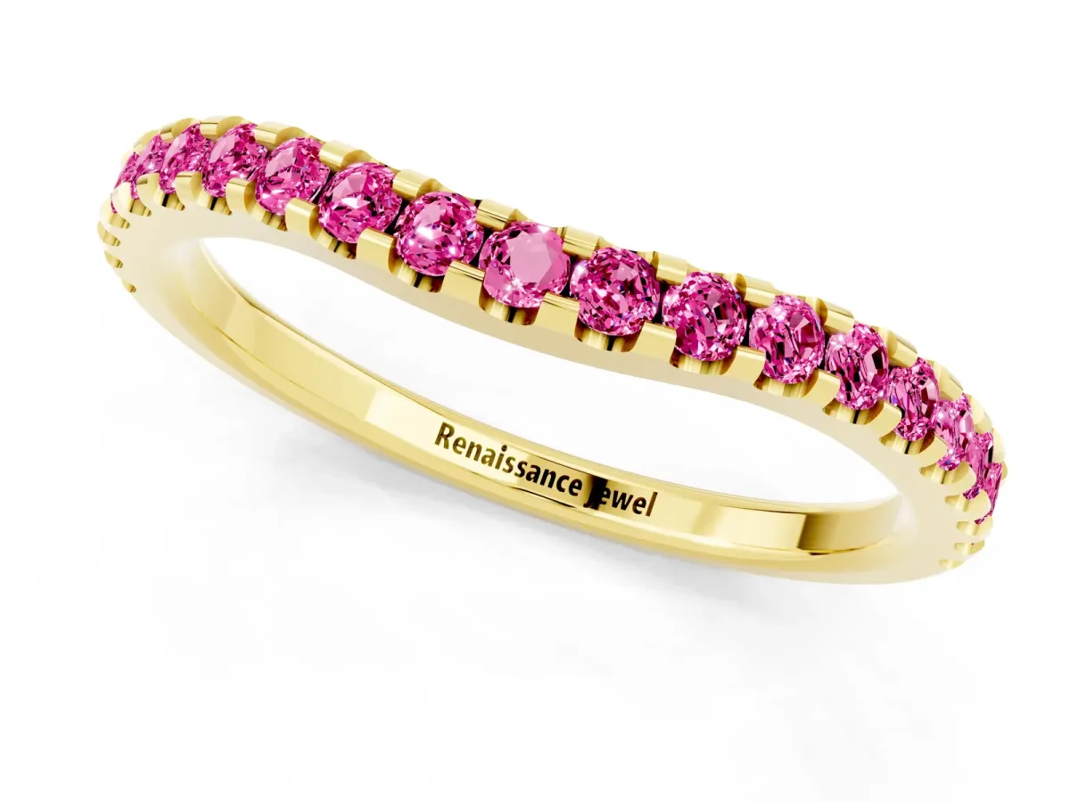 Round Pink Sapphire Pavé Curved Wedding Band Yellow gold