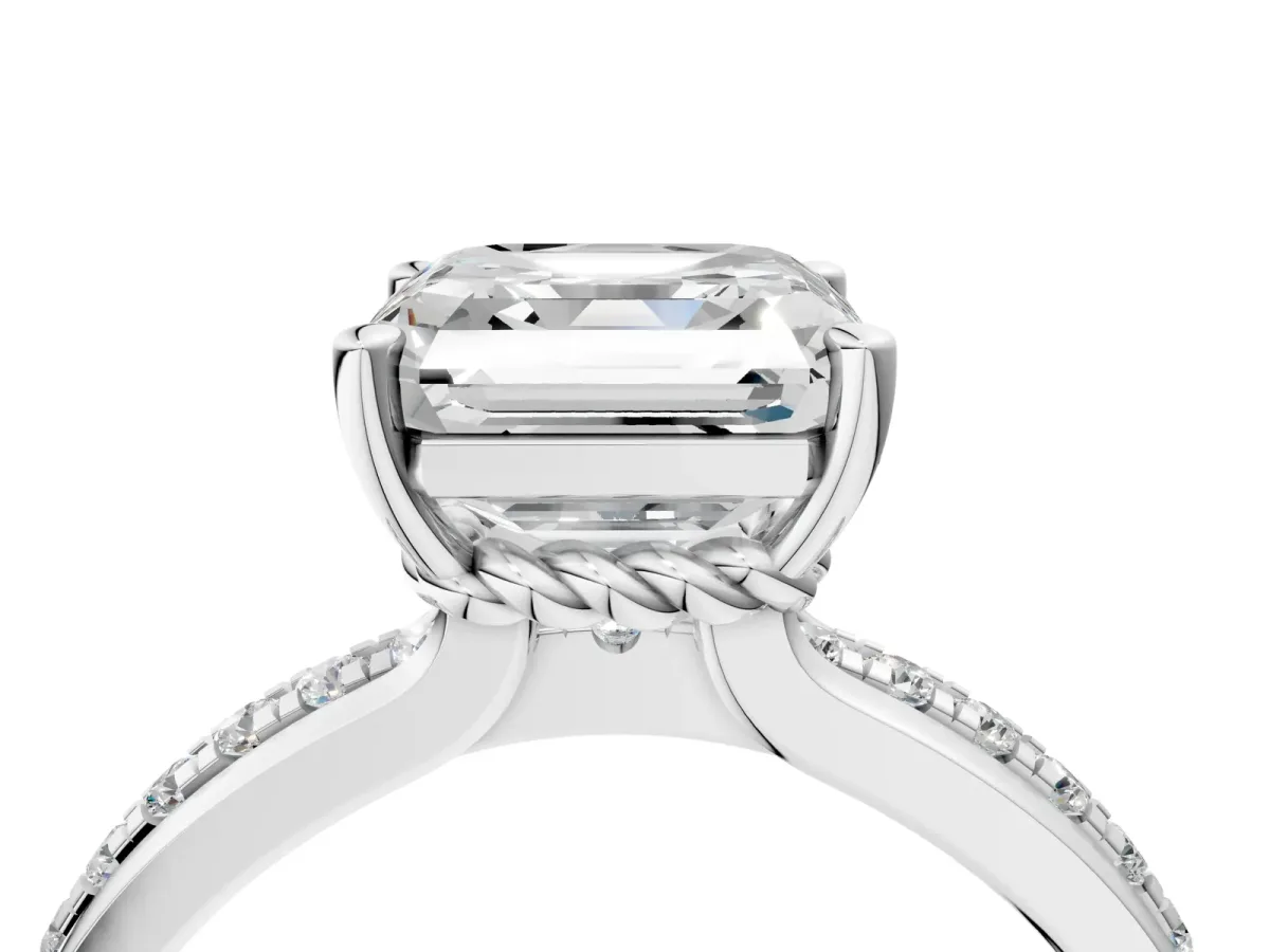 Asscher Cut Solitaire Diamond Ring with Channel Set Band and Six-Prong Setting Platinum