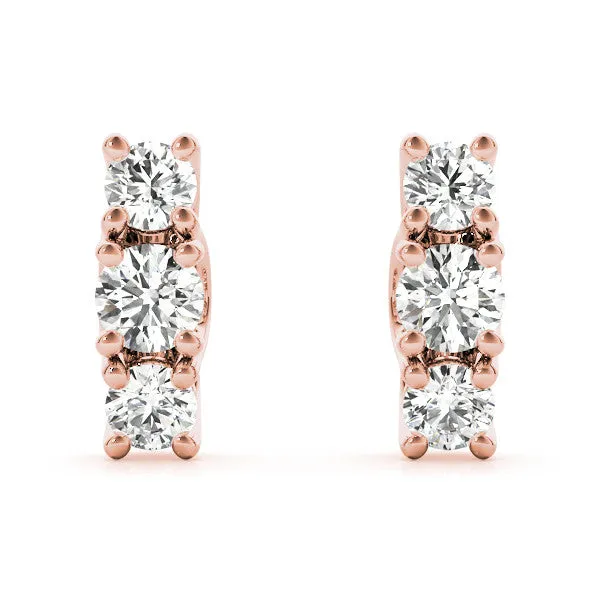 Three-Stone Round Diamond Channel Band Prong-Set Earrings Rose gold