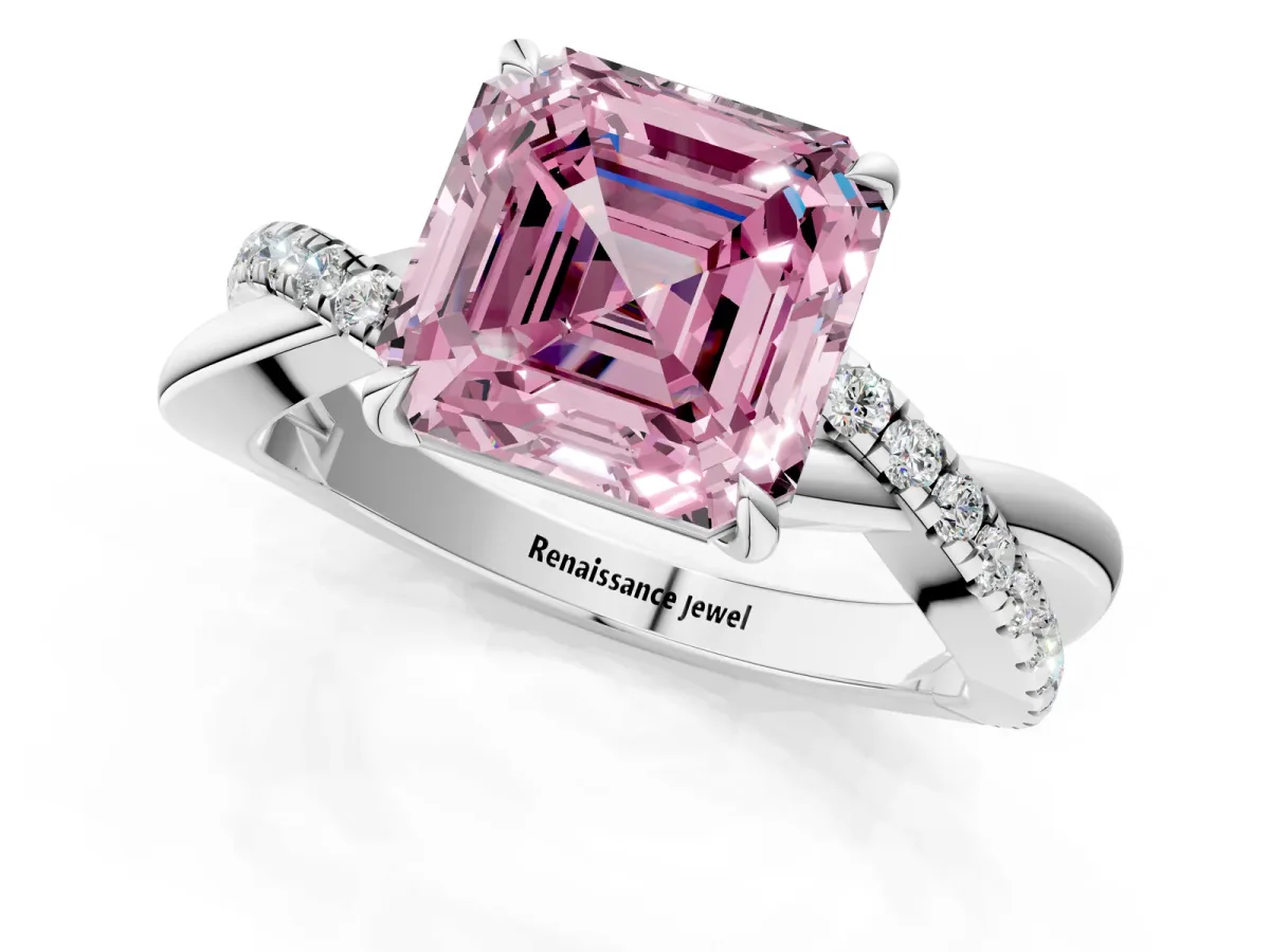 Fancy Pink Asscher Cut Cut Diamond Twisted Band with Pavé Setting and Four-Prong Setting Platinum