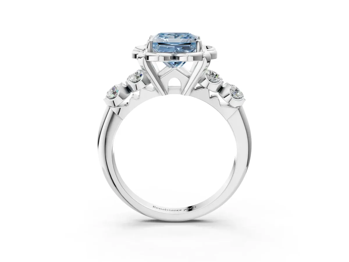 Fancy Blue Princess Cut Cut Diamond Floral Halo Engagement Ring with Shared Prong Setting Silver