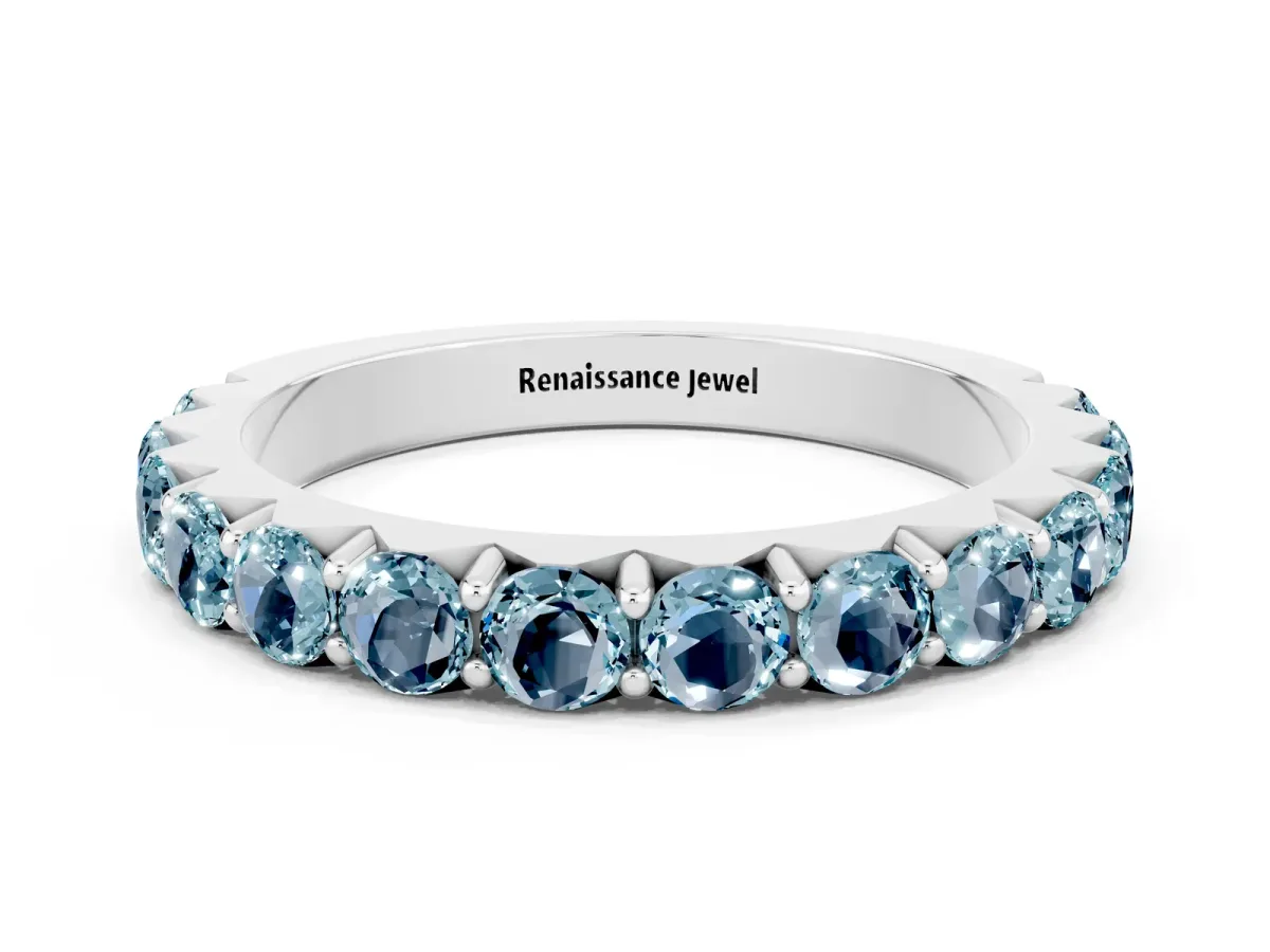 Round Aquamarine Half Eternity Band with Classic Prong Setting Platinum