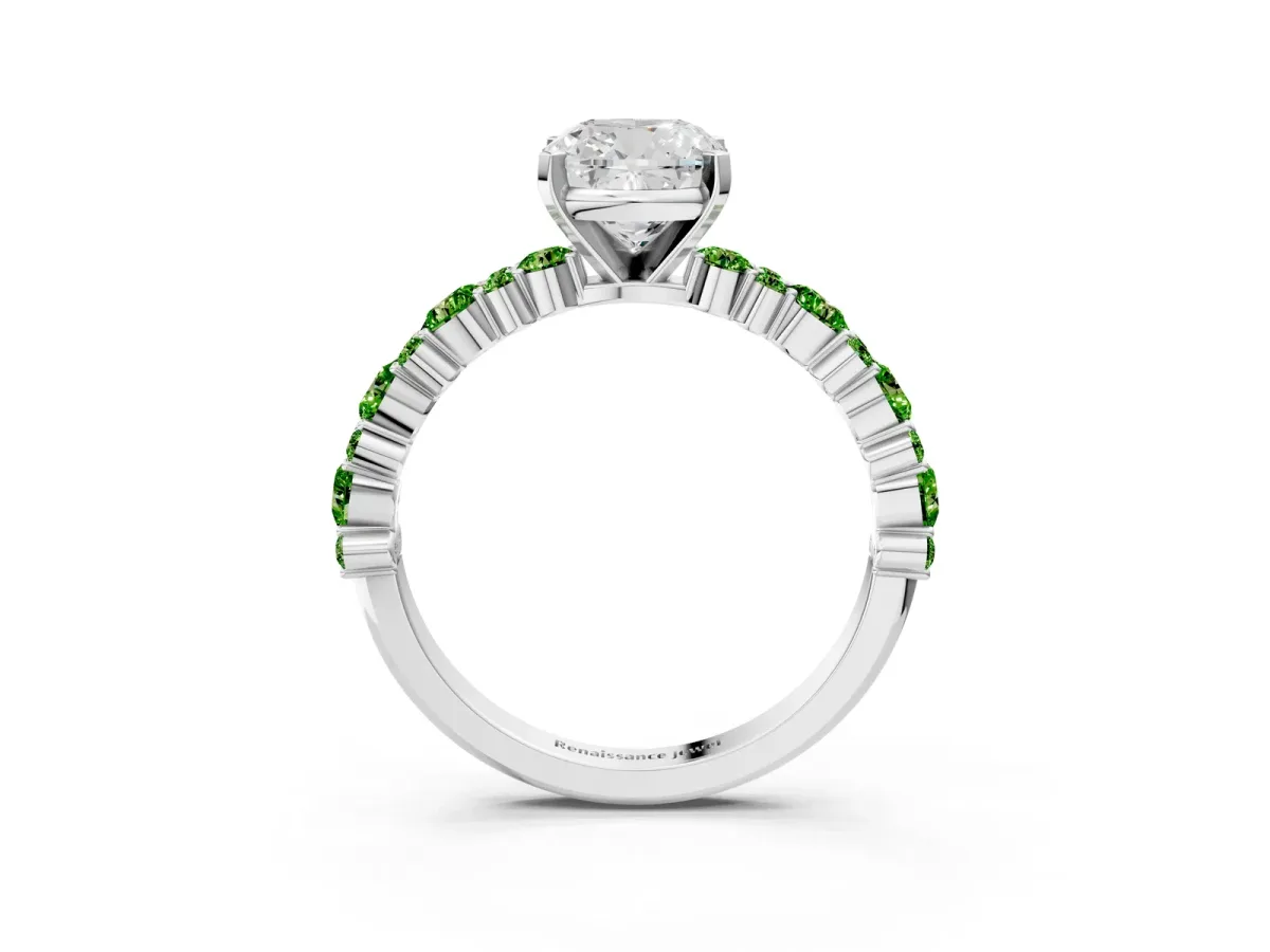 Cushion Cut Diamond Side Stone Solitaire Ring with Round Peridot and Four-Prong Setting Platinum