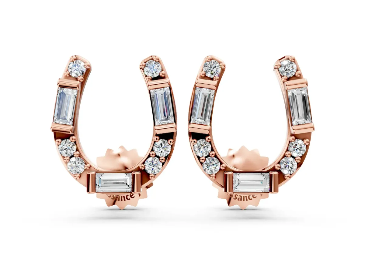 Baguette and Round Diamond Horseshoe Stud Earrings Rose gold