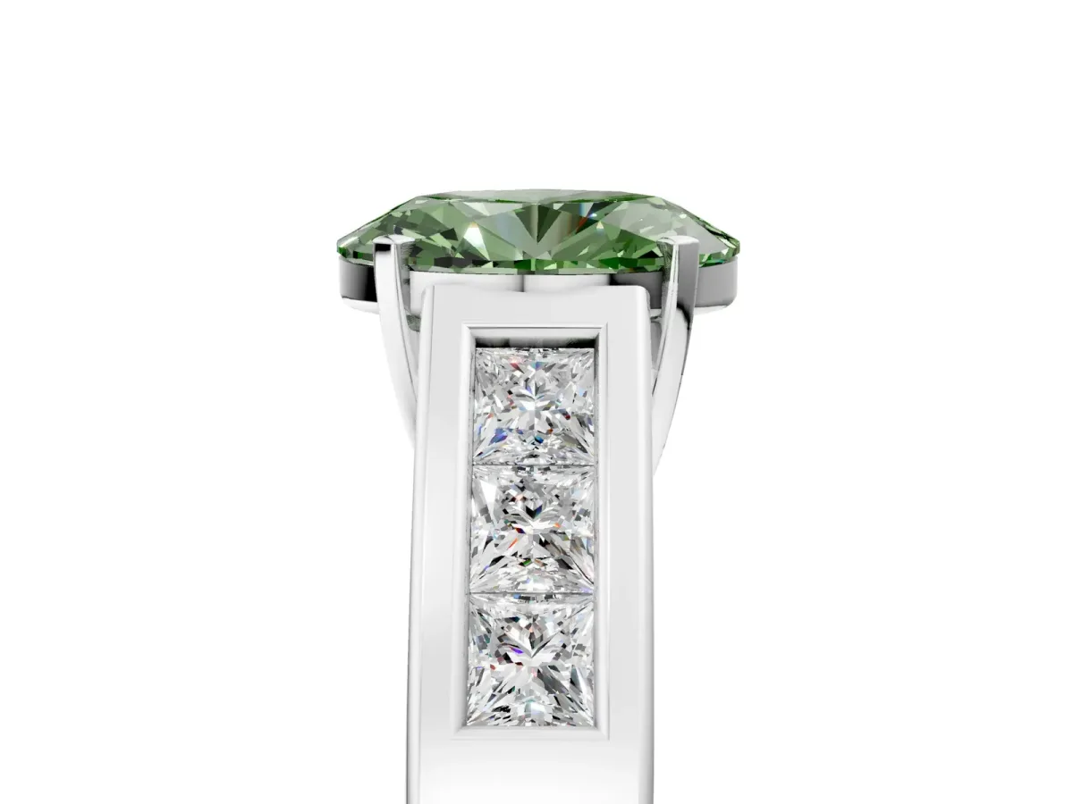 Fancy Green Oval Cut Cut Channel Set Solitaire Ring with Four-Prong Setting Platinum