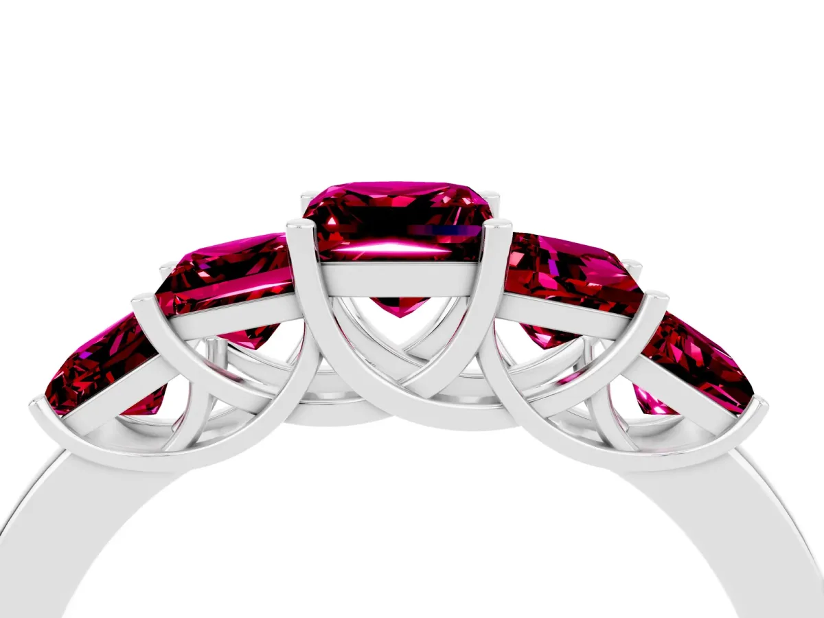 Princess Cut Five-Stone Garnet Ring with Classic Prong Setting Platinum