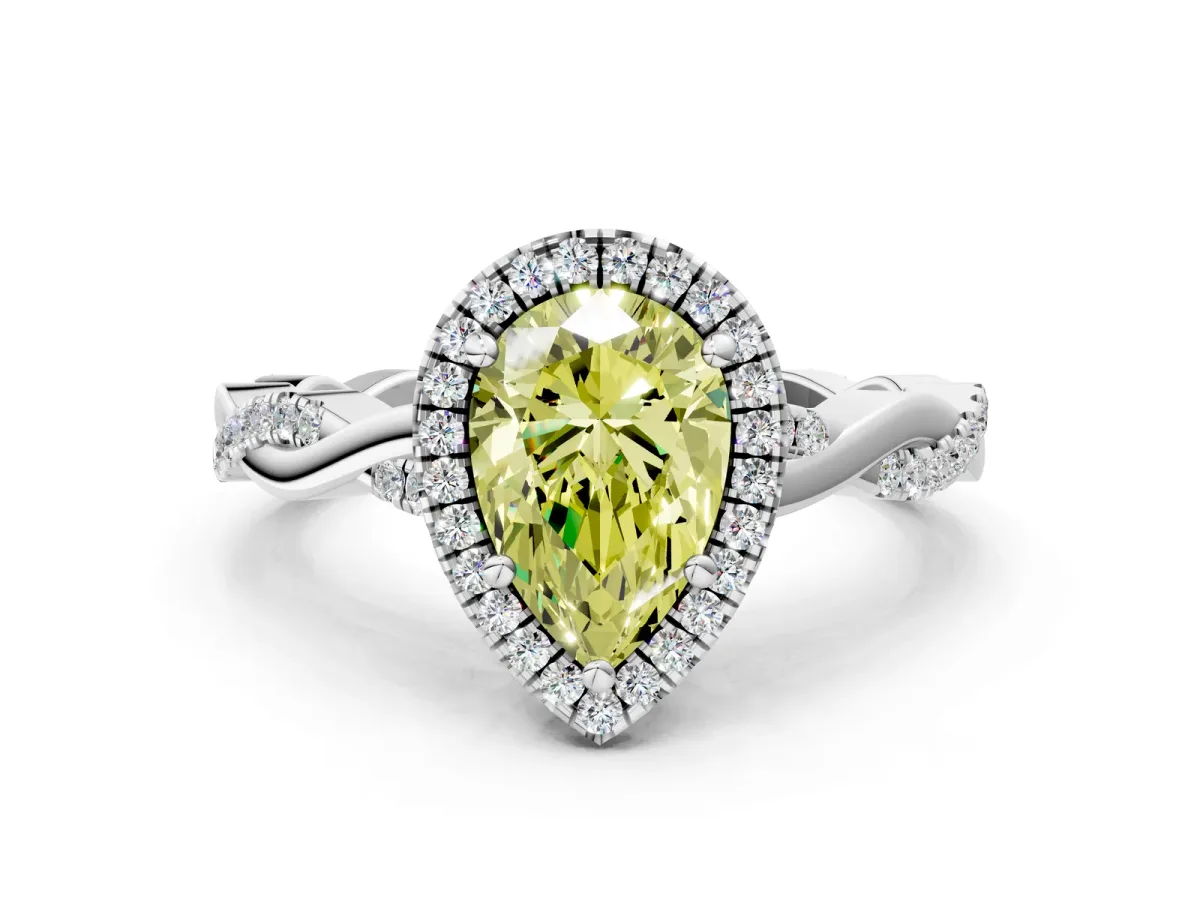 Fancy Yellow Pear Cut Cut Halo Twisted Band Four-Prong Ring Platinum