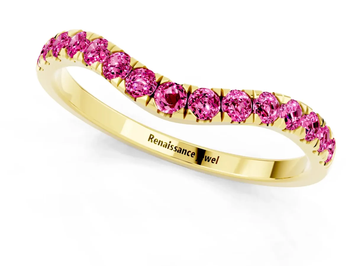 Curved Pavé Round Pink Sapphire Wedding Band with Shared Prong Setting Yellow gold