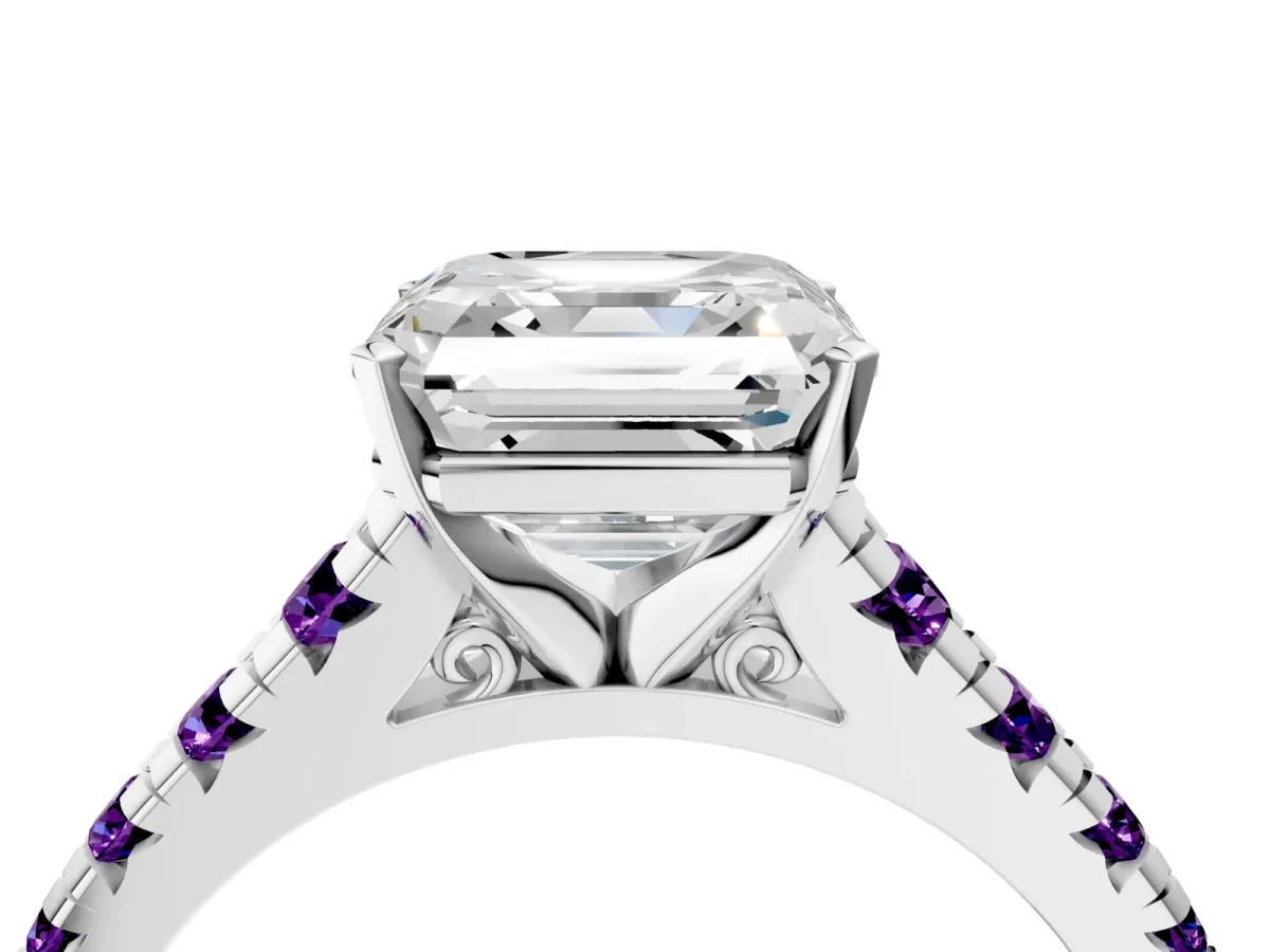 Asscher Cut Diamond Cathedral Solitaire Ring with Round Amethyst Pavé Band Silver