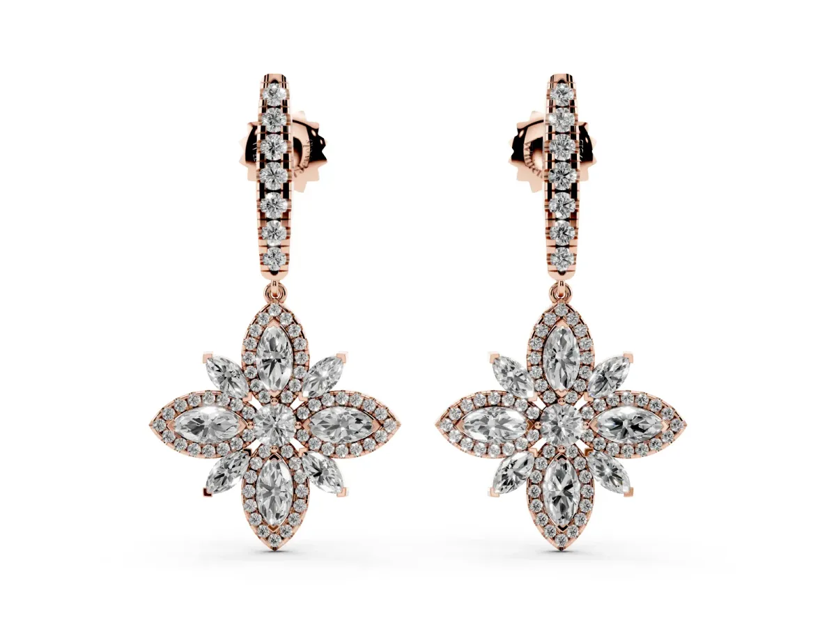 Marquise and Round Diamond Floral Huggie Drop Earrings Rose gold