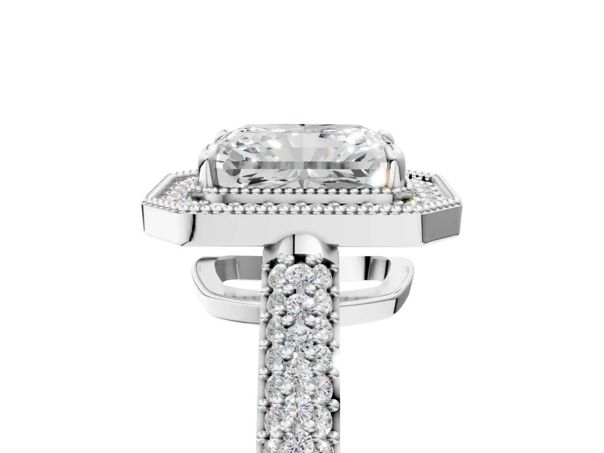 Radiant Cut Cut Halo Diamond Pave Band with Four-Prong Setting Platinum