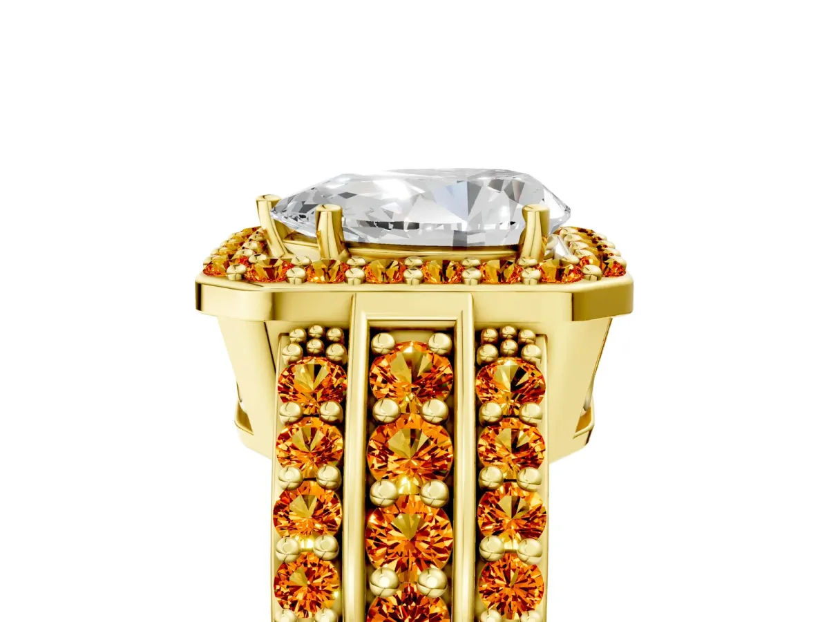 Pear Cut Halo Diamond Ring with Round Citrine Split Shank and Prong Setting Yellow gold