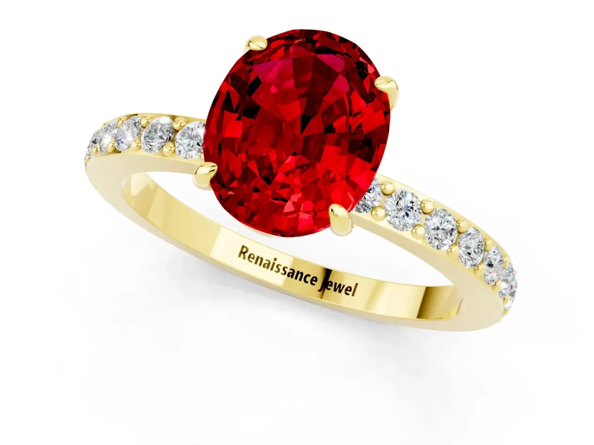 Oval Cut Ruby Solitaire Engagement Ring with Pavé Band and Four-Prong Setting Yellow gold
