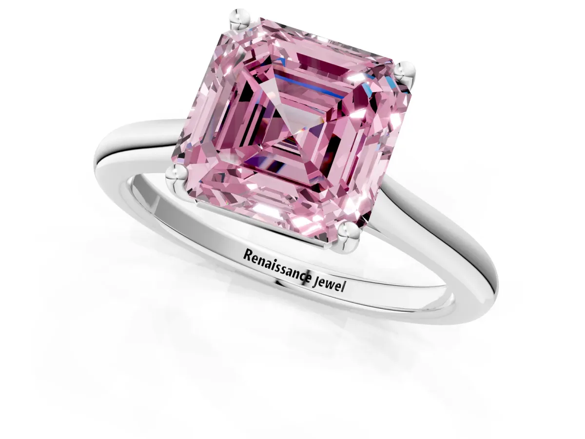 Fancy Pink Asscher Cut Cut Solitaire Ring with Cathedral Band and Four-Prong Setting Platinum