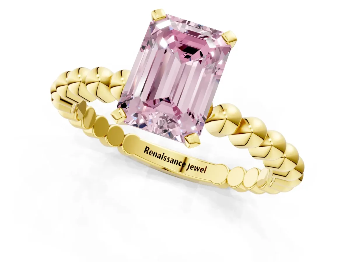 Fancy Pink Emerald Cut Diamond Solitaire Ring with Beaded Band and Prong Setting Yellow gold