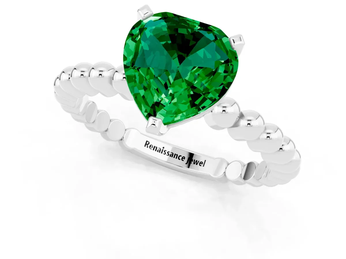 Heart Cut Emerald Solitaire Ring with Beaded Band and Prong Setting Platinum