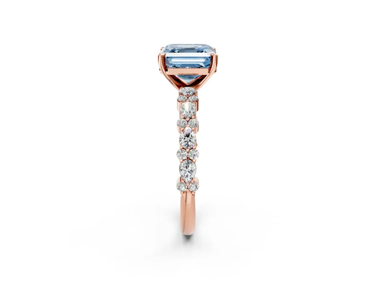 Fancy Blue Asscher Cut Diamond Side Stone Solitaire Ring with Round and Four-Prong Setting Rose gold