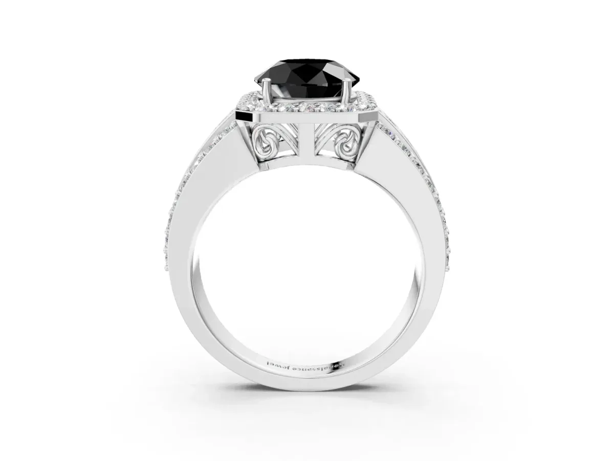 Fancy Black Round Cut Halo Diamond Ring with Round Split Shank and Prong Setting White gold