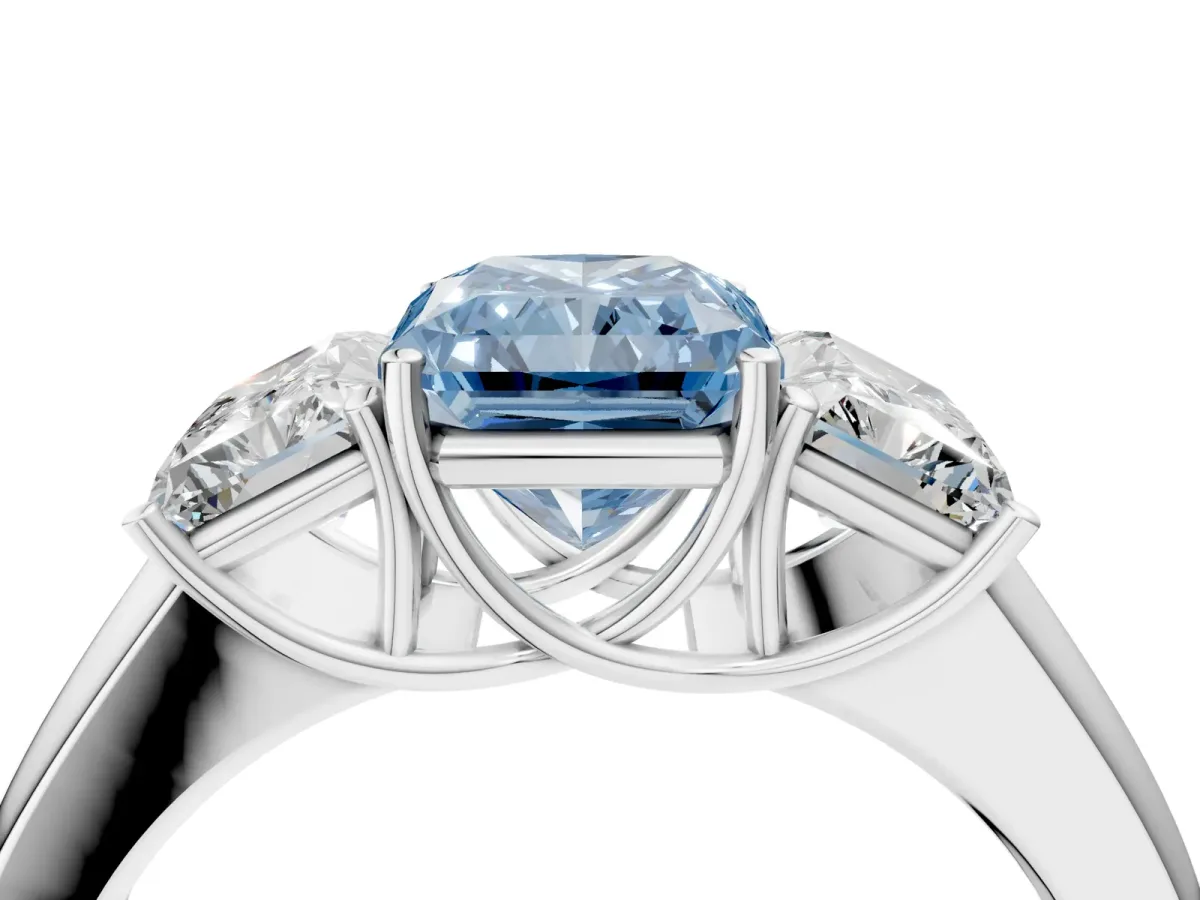 Fancy Blue Three-Stone Radiant Cut Cut Diamond Ring with Prong Setting and Classic Band Platinum