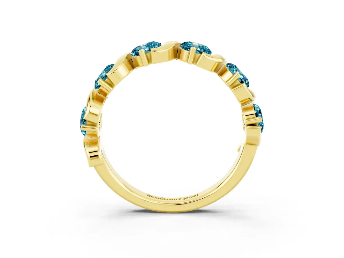 Six-Stone Round Blue Topaz Wave Band with Shared Prong Setting Yellow gold