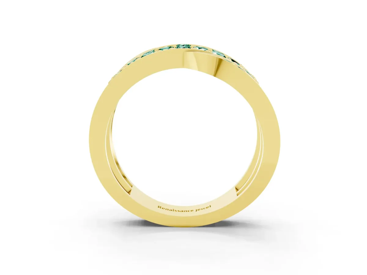 Pavé Round Green Sapphire Crossover Band with Bead Prong Setting Yellow gold