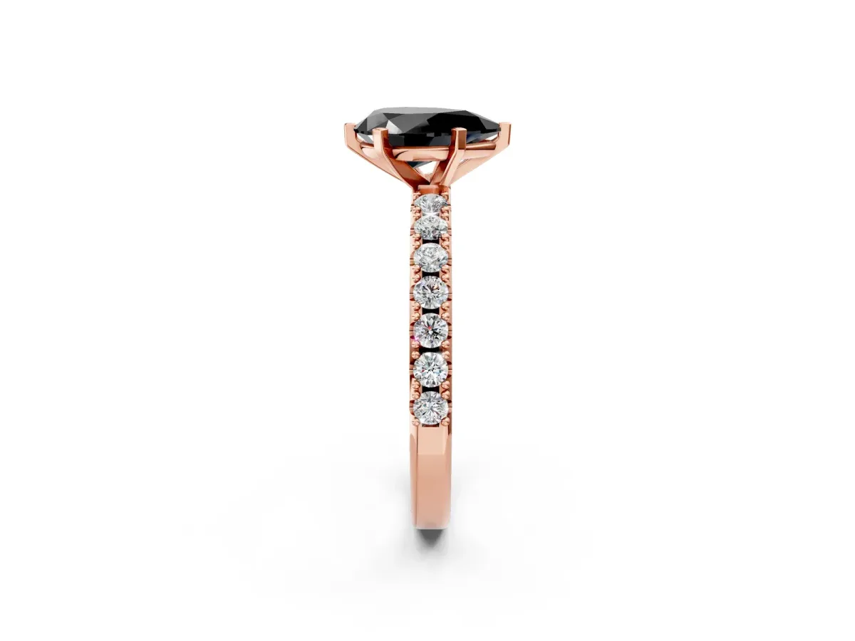 Fancy Black Pear Cut Diamond Solitaire Pavé Band with Four-Prong Setting Rose gold