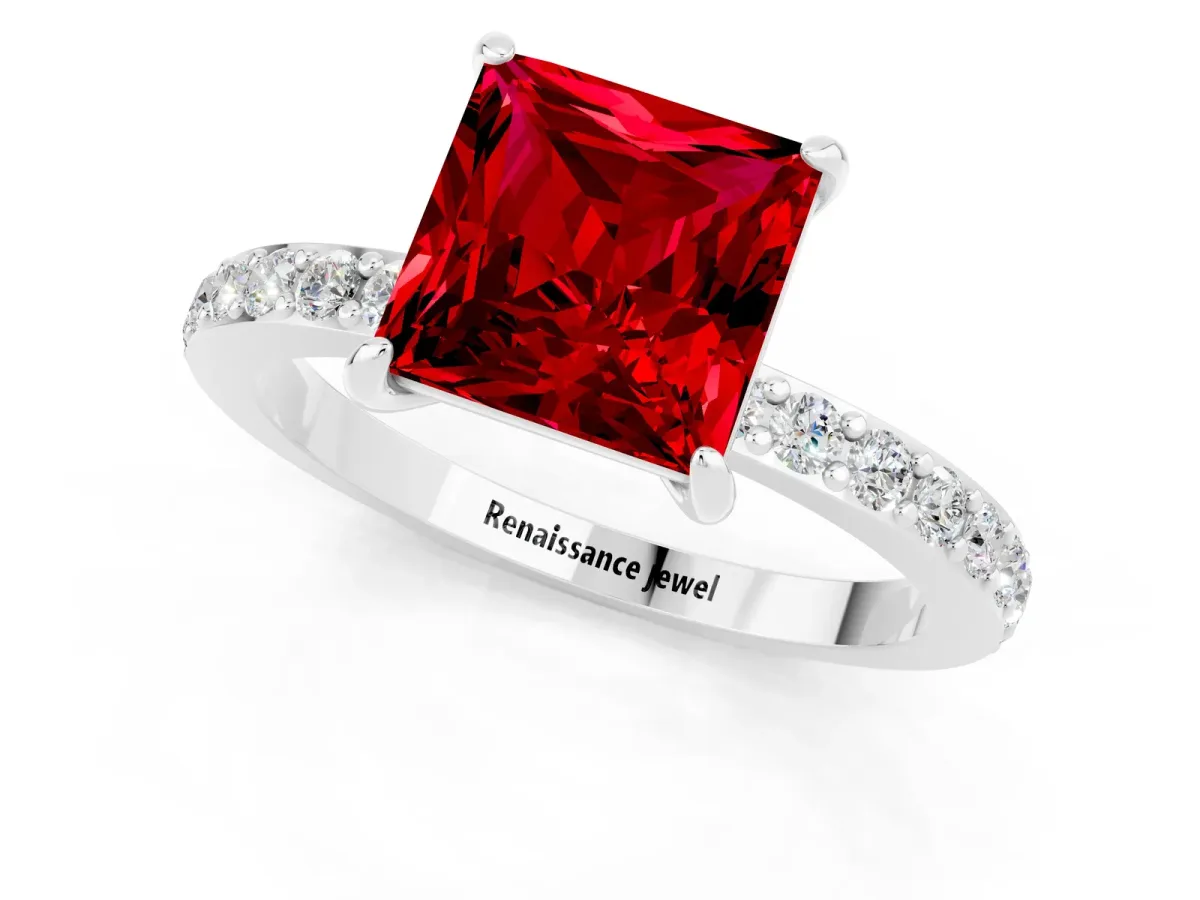 Princess Cut Ruby Solitaire Engagement Ring with Pavé Band and Four-Prong Setting Silver
