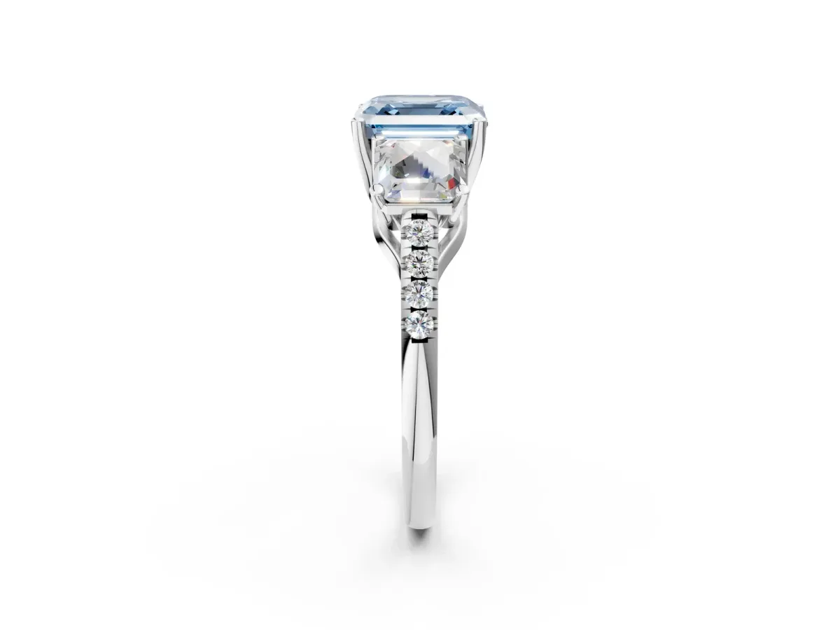 Fancy Blue Three-Stone Asscher Cut Diamond Ring with Round Pavé Band and Prong Setting Silver