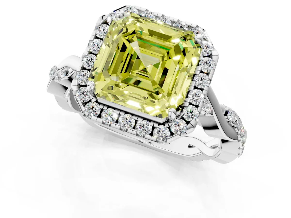 Fancy Yellow Asscher Cut Halo Twist Band Solitaire Ring Platinum