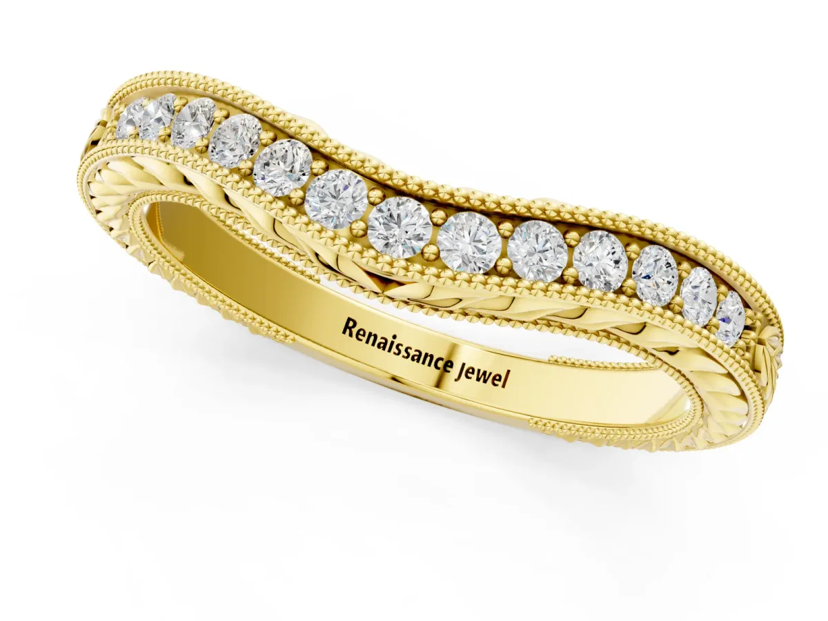 Milgrain Round Diamond Curved Eternity Band with Pavé Setting Yellow gold