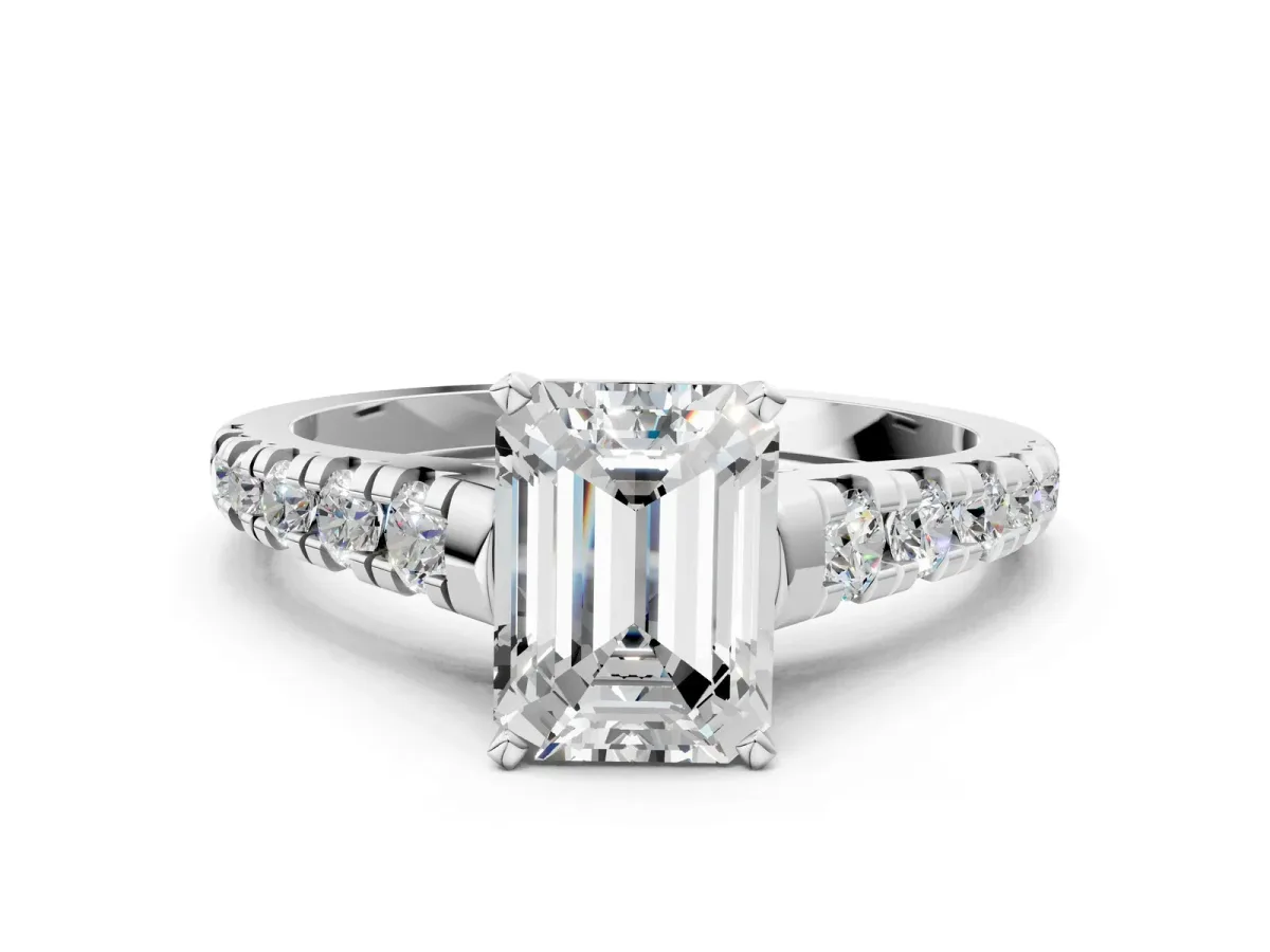 Emerald Cut Diamond Cathedral Solitaire Ring with Round Pavé Band White gold