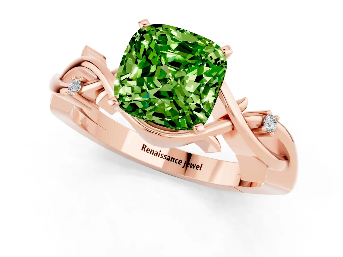 Cushion Cut Peridot Solitaire Ring with Twisted Band and Prong Setting Rose gold