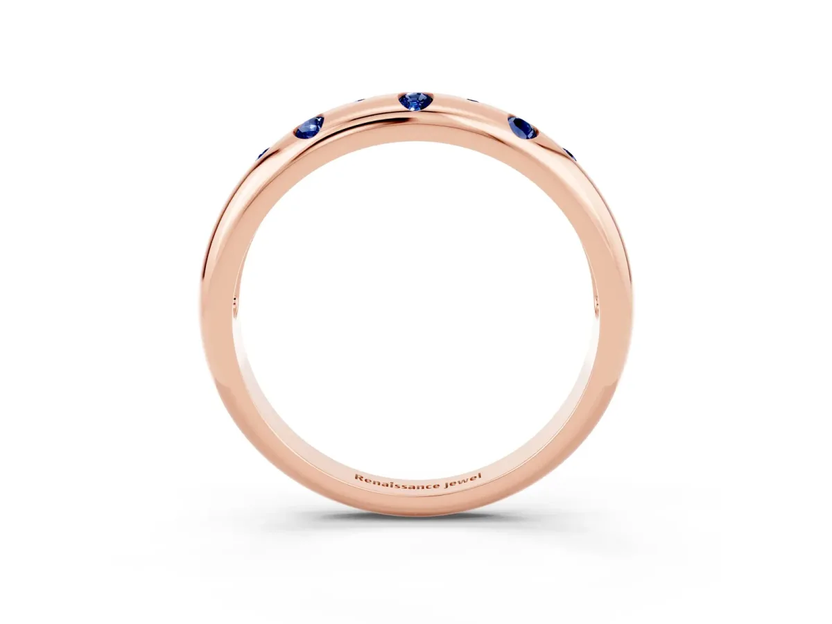 Round Blue Sapphire Flush-Set Comfort Fit Band Rose gold