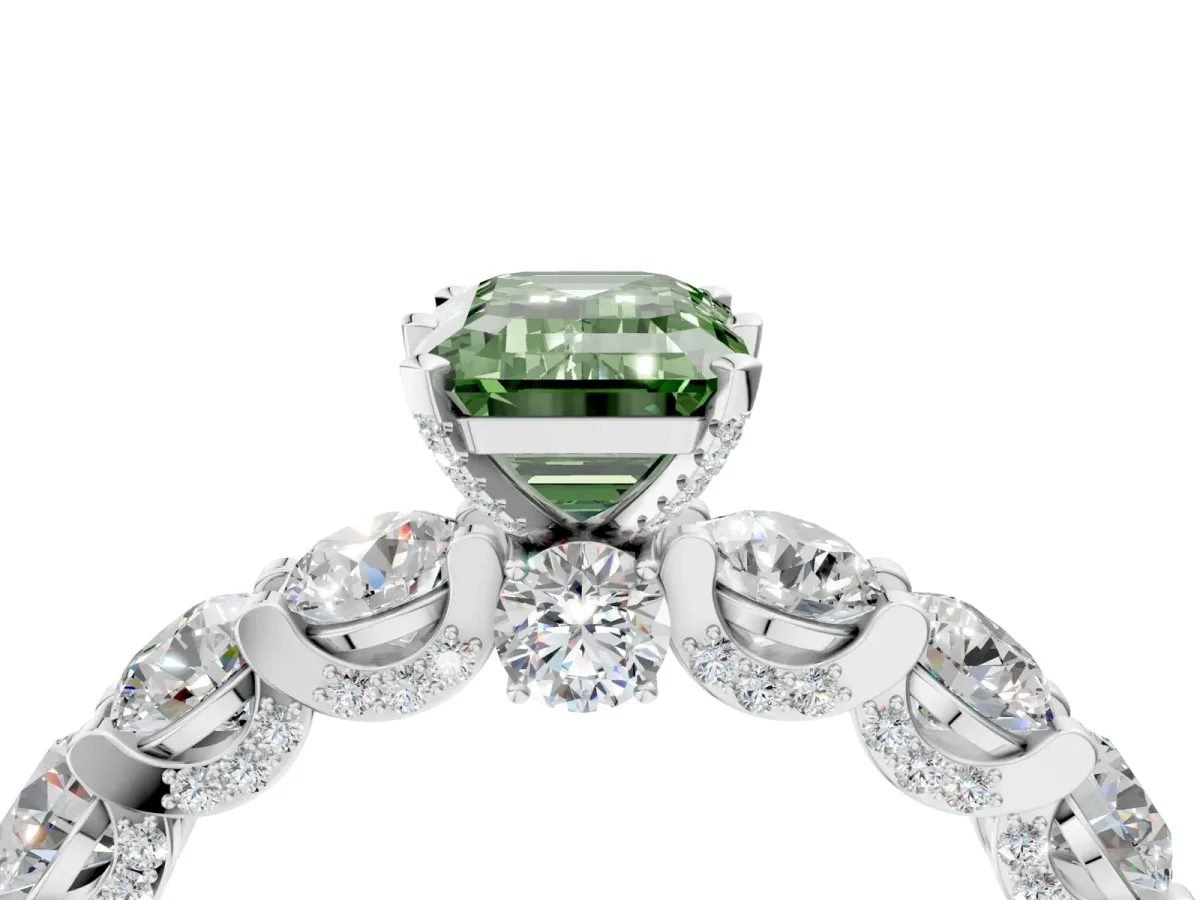 Fancy Green Emerald Cut Diamond Side Stone Engagement Ring with Four-Prong Setting White gold