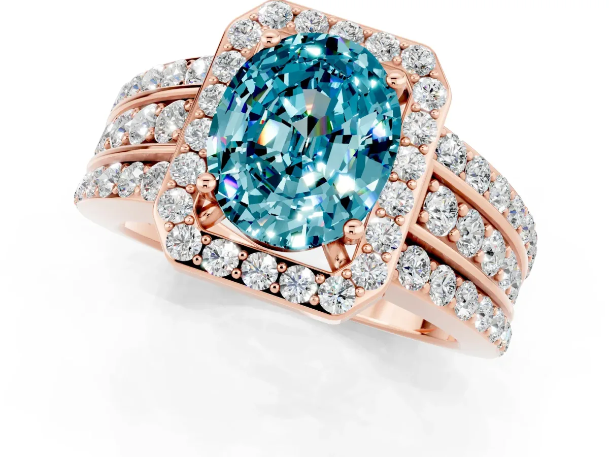 Oval Cut Halo Blue Topaz Ring with Round Split Shank and Prong Setting Rose gold