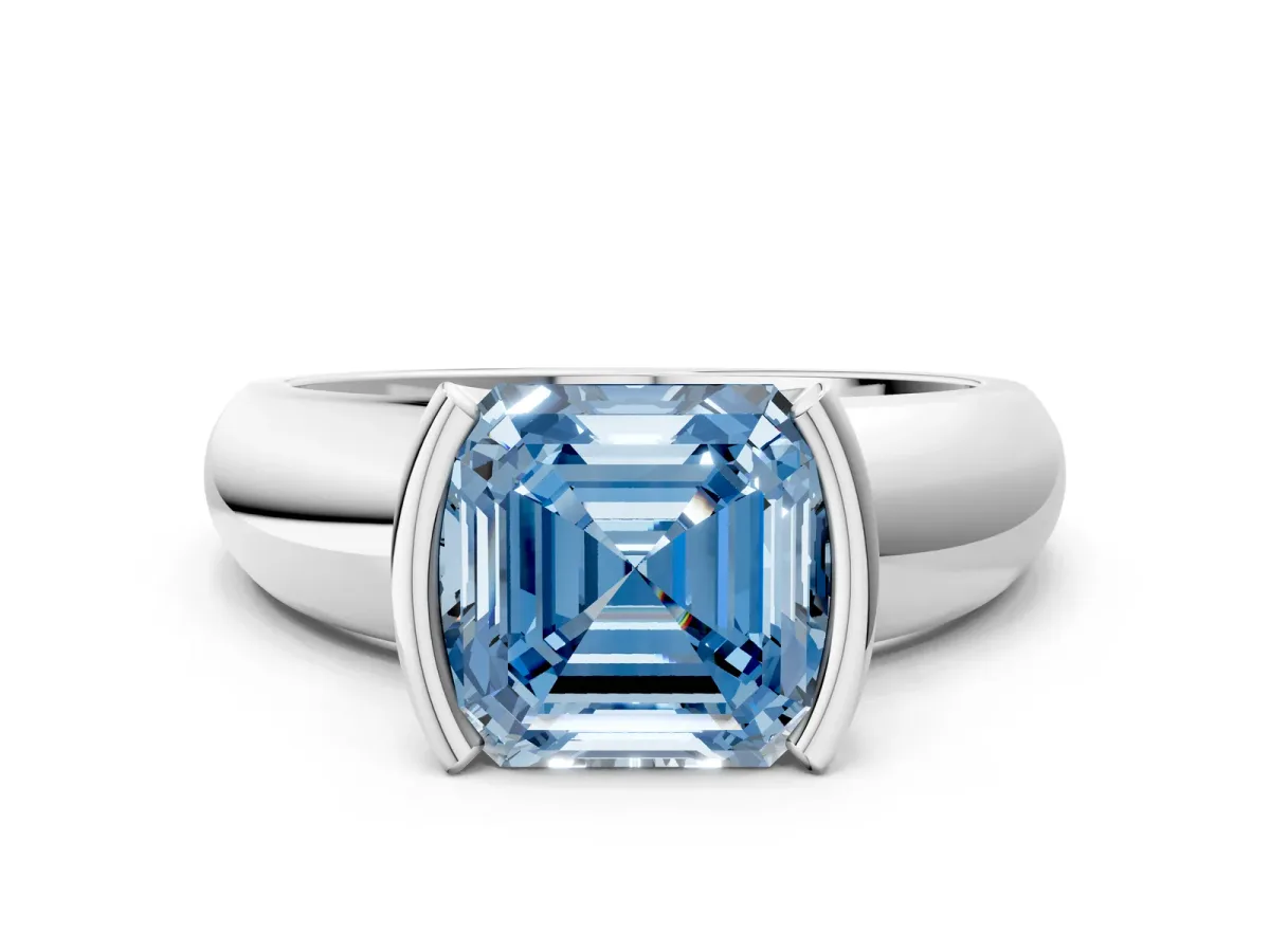Fancy Blue Asscher Cut Solitaire Tension Set Diamond Ring with Wide Band Platinum