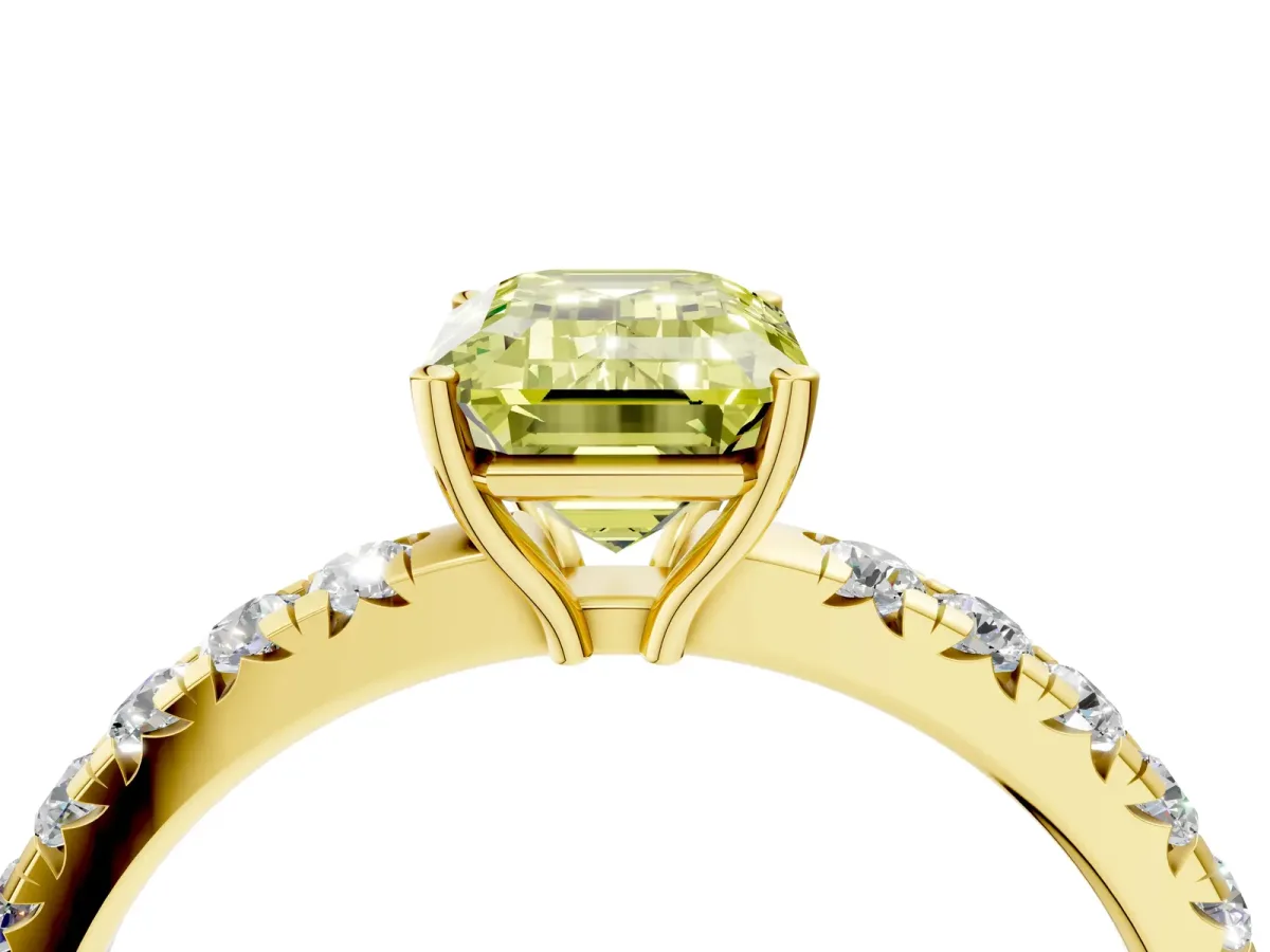 Fancy Yellow Emerald Cut Diamond Pavé Solitaire Engagement Ring with Four-Prong Setting Yellow gold