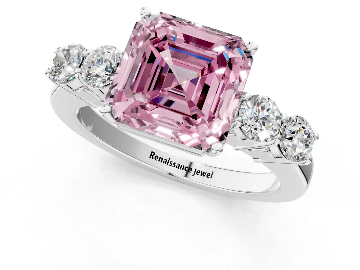 Fancy Pink Asscher Cut Cut Diamond Five-Stone Prong Set White Gold Ring Platinum
