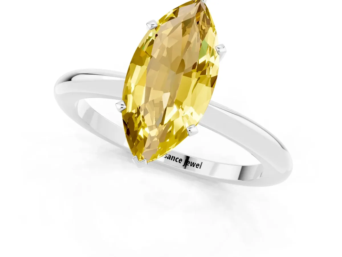Marquise Cut Yellow Sapphire Solitaire Ring with Six-Prong Setting and Classic Band Silver