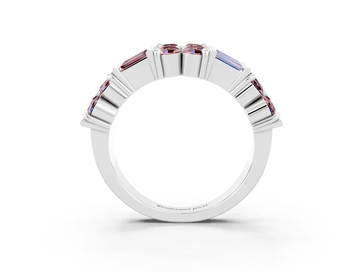Channel Set Round and Baguette Morganite Anniversary Band with Prong Setting Silver