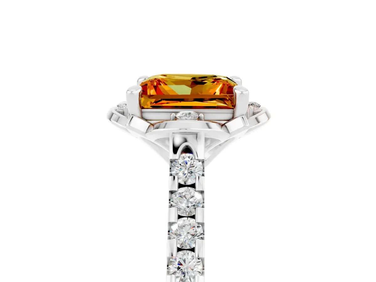 Princess Cut Citrine Ring with Pavé Band and Floral Prong Setting Silver
