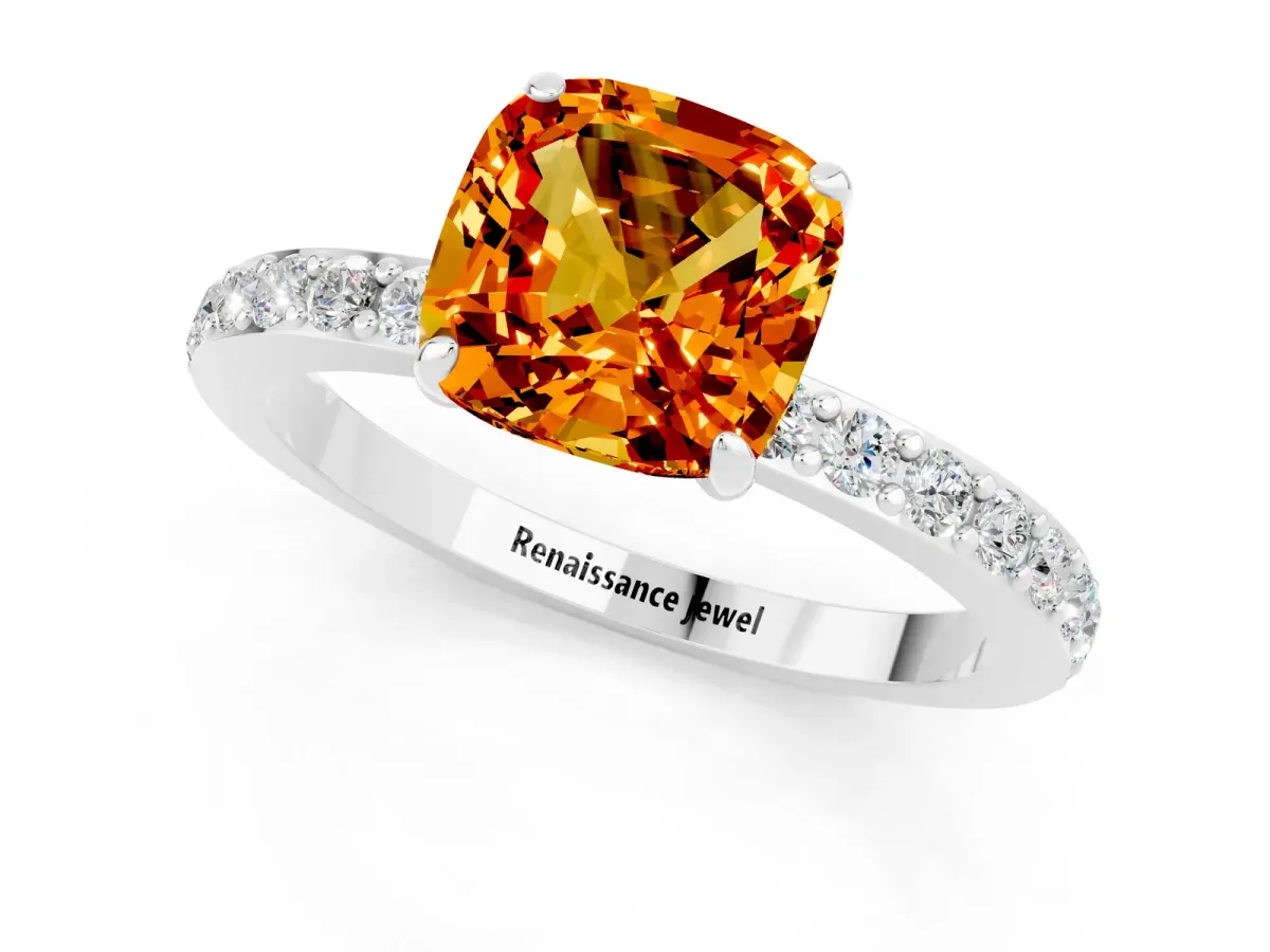 Cushion Cut Citrine Solitaire Engagement Ring with Pavé Band and Four-Prong Setting Silver