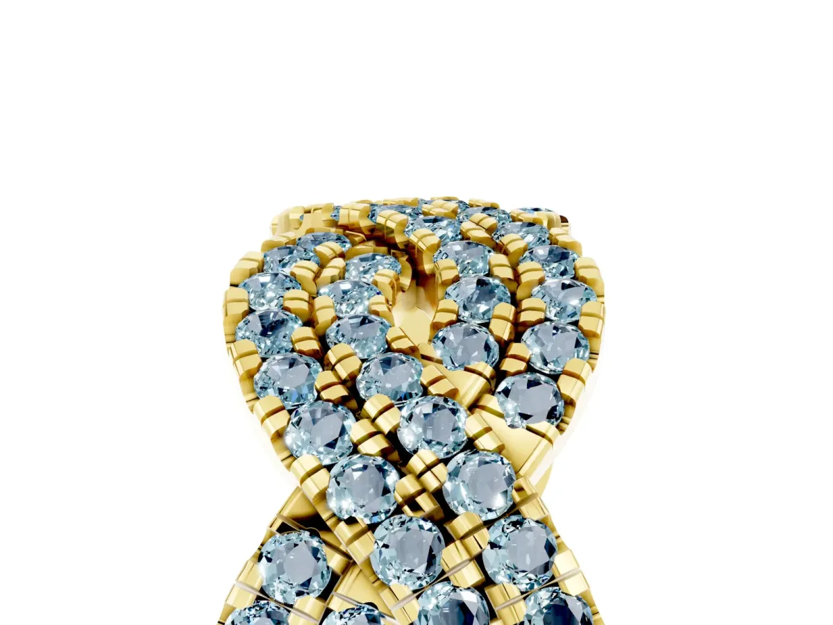 Pavé Round Aquamarine Infinity Twist Band with Shared Prong Setting Yellow gold