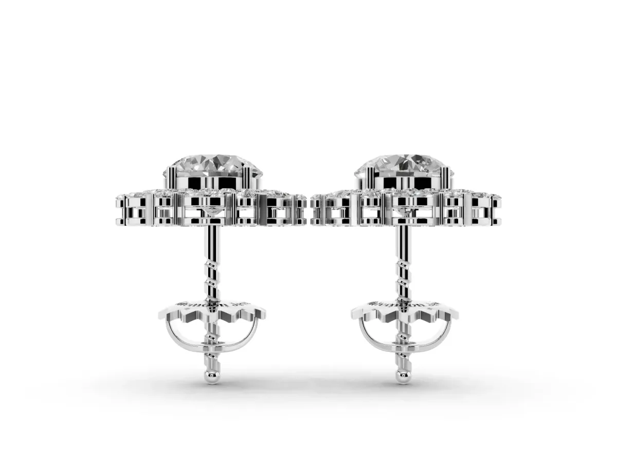 Round Diamond Double Halo Stud Earrings with Prong Setting Platinum
