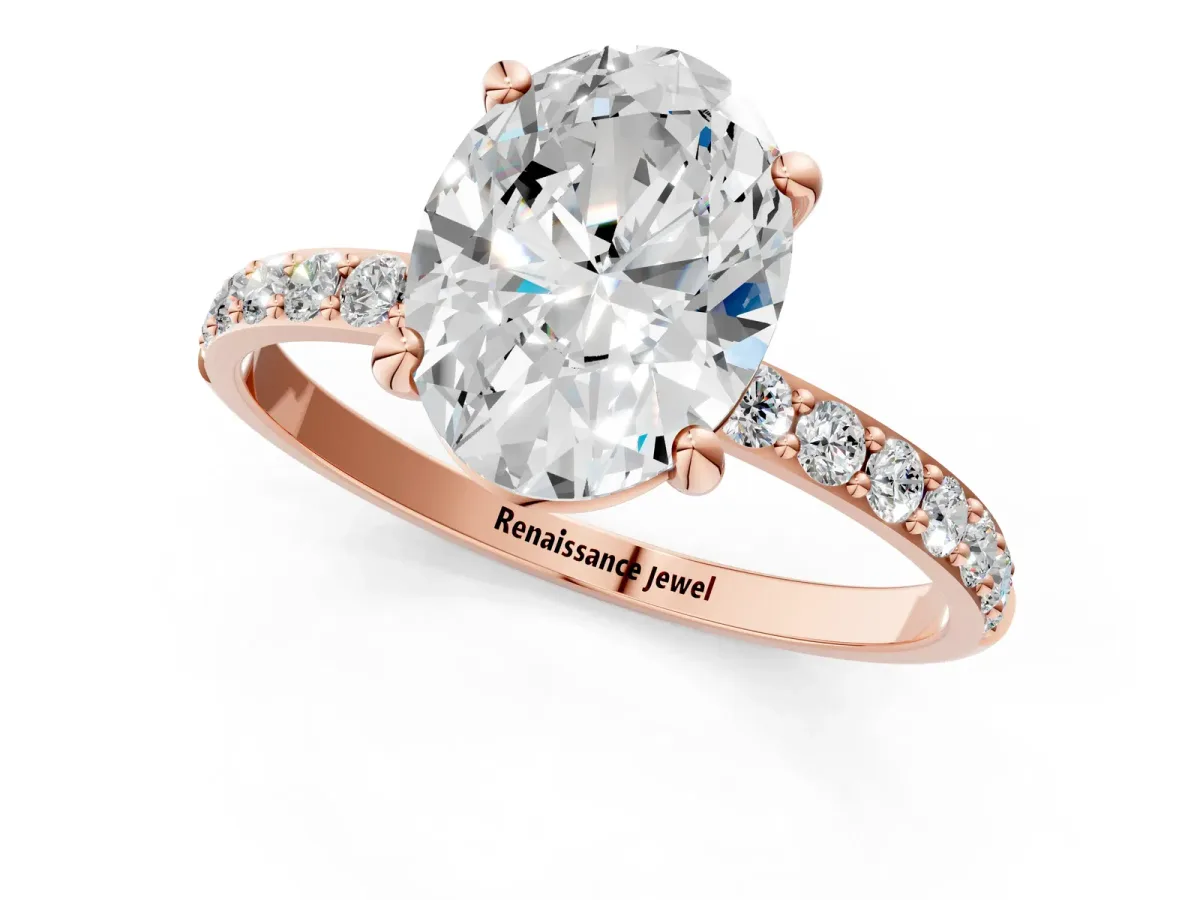 Oval Cut Diamond Solitaire Ring with Round Pavé Band and Prong Setting Rose gold