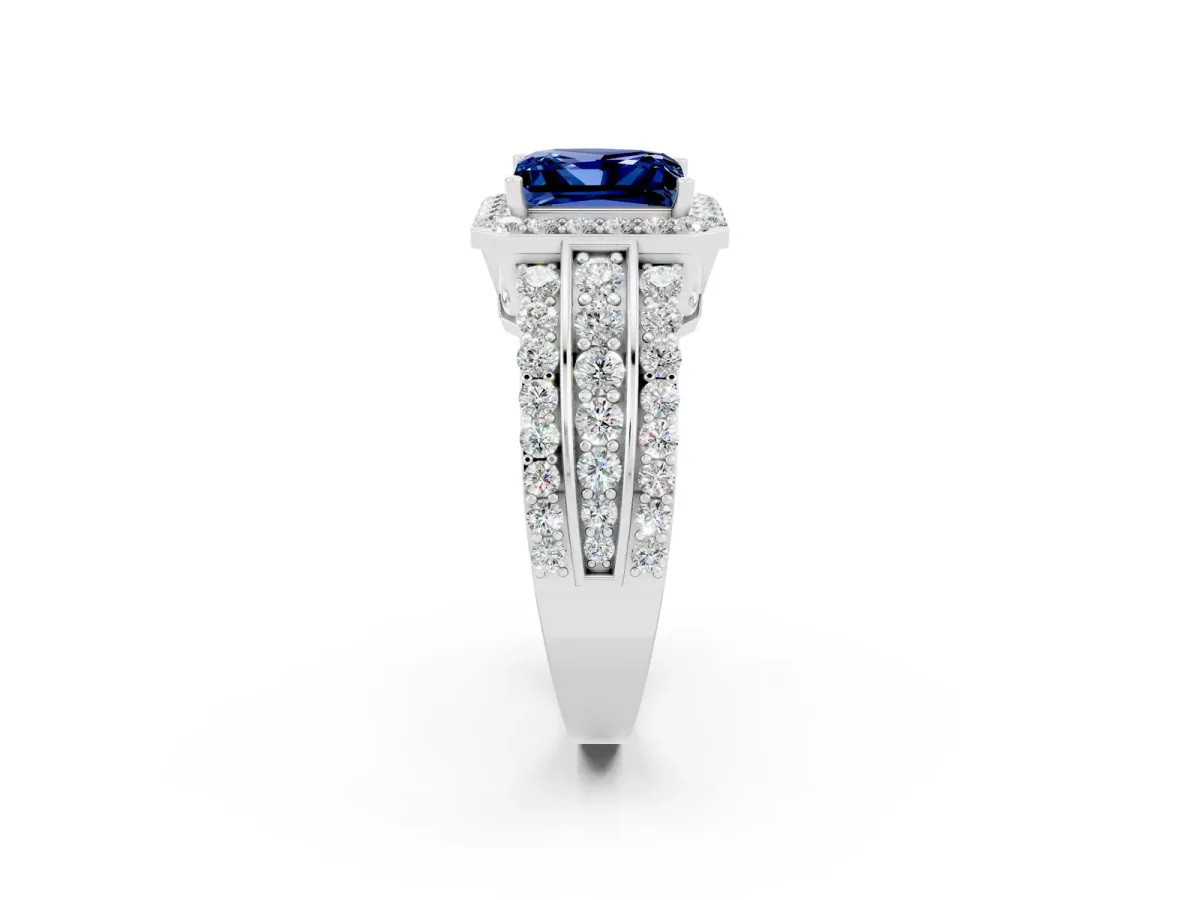 Princess Cut Halo Blue Sapphire Ring with Round Split Shank and Prong Setting Silver