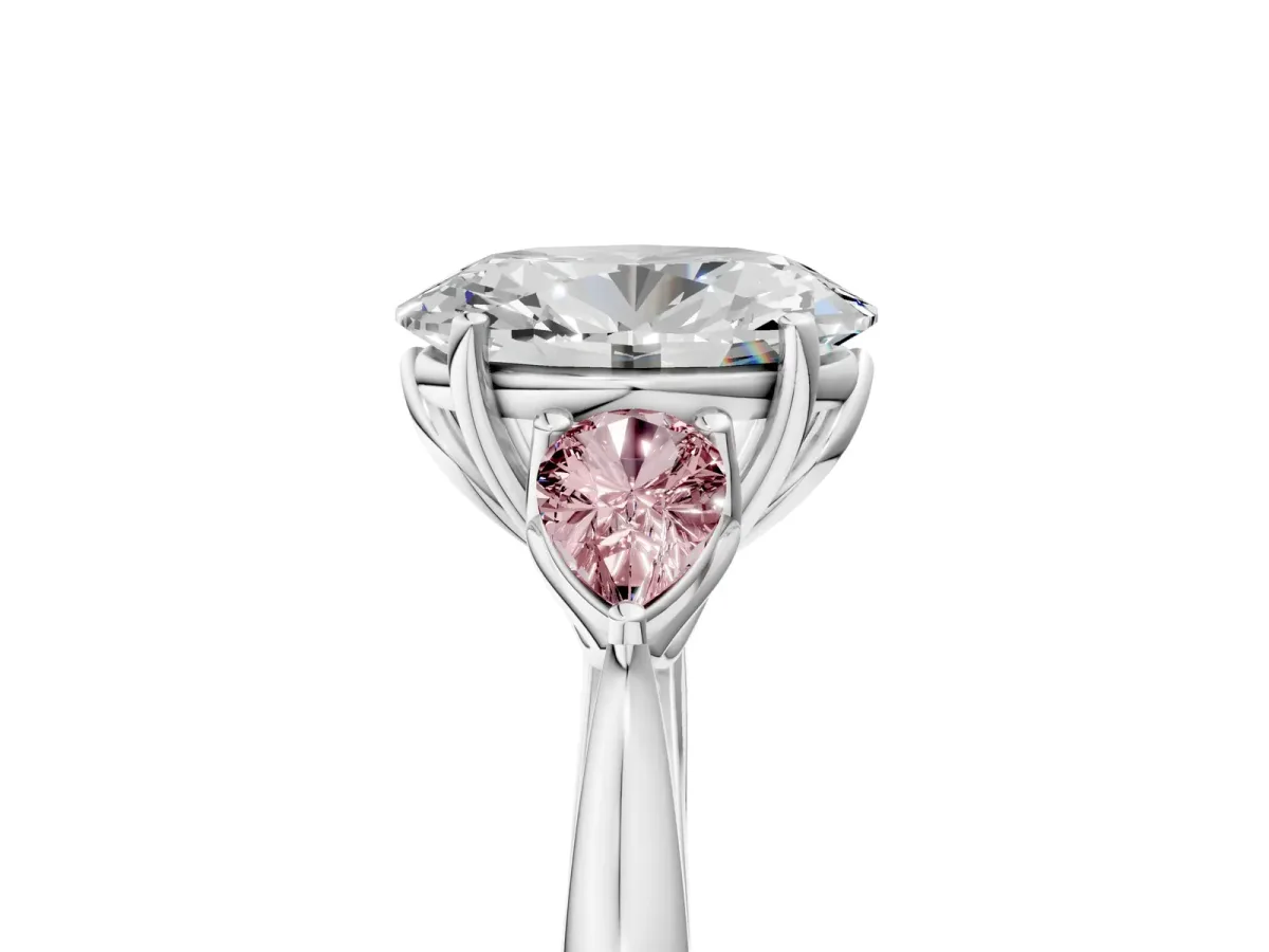 Oval Cut Diamond Three-Stone Ring with Pear Morganite Side Stones and Prong Setting Silver