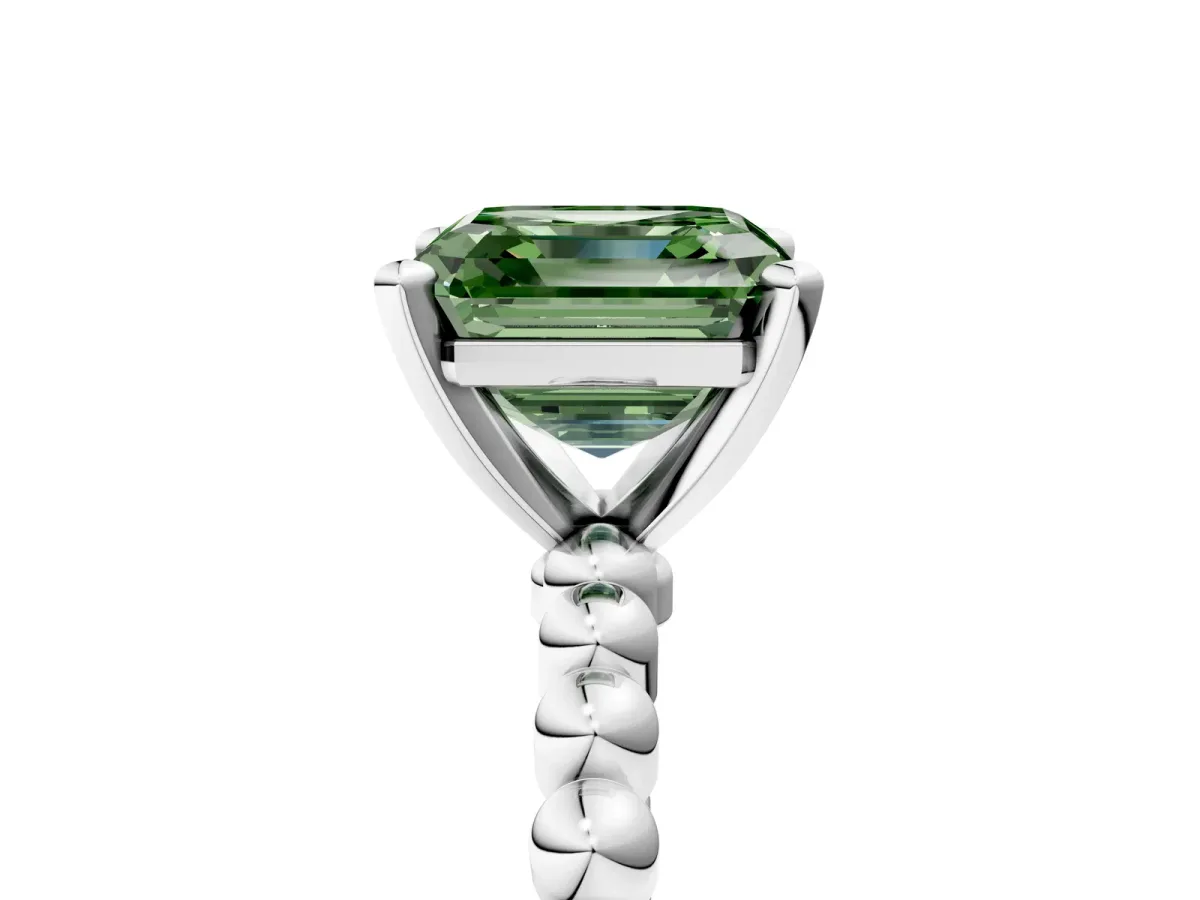 Fancy Green Asscher Cut Diamond Solitaire Ring with Beaded Band and Prong Setting Platinum